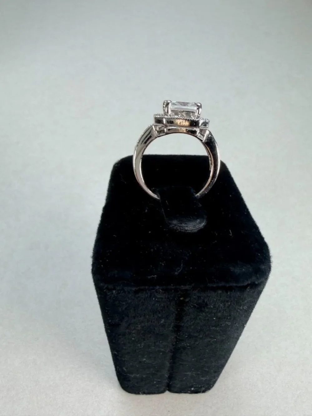 Princess Cut Halo CZ Engagement Style Ring Silver Tone Size 7 Sparkling